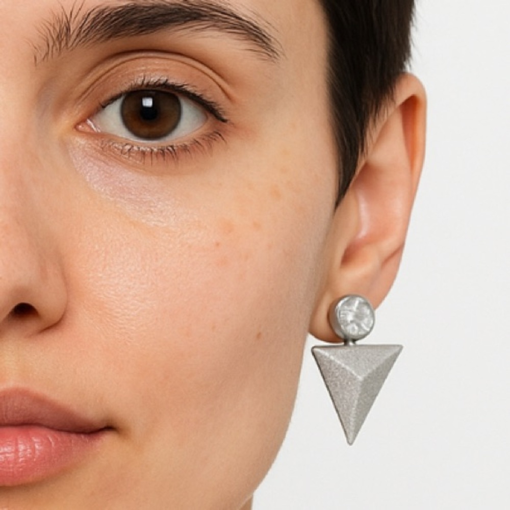 Silver Crystal Geometric Triangle Statement Earri… - image 2